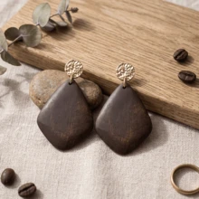 NeeFu WoFu 1pair Retro Wooden Geometric Hollow Oval Earrings, Fashionable Teardrop Shaped Dangle Earrings, Valentine's Day Gift For Women - Wood - View 9