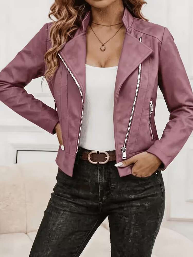 Women's Casual Slim Fit Stand Collar Zip-Up Motorcycle Jacket, Faux Suede Short Coat - Pink - View 3
