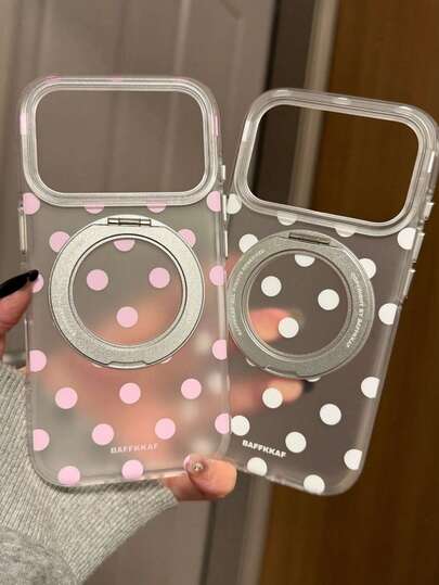 白色波點磁吸 360° 旋轉支架手機殼，適用於 iPhone 17、16 Pro Max、16、15、14、13、18 Pro Max、18，半透明磨砂，防摔保護殼，小眾風格，超可愛，極簡風