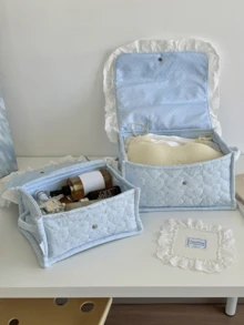 Little Blue Star Treasure Box Storage Basket, Baby Blue Star Quilted Storage Basket With Square Quilted Craft And Lace Trim, Desktop Makeup And Miscellaneous Items Fabric Storage Basket, Available In Small And Large Sizes - Multicolor - View 3