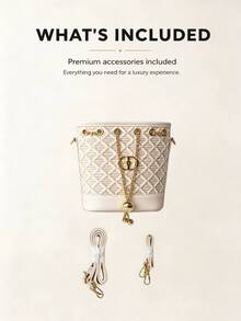 DIOR French Style Diamond Quilted Jacquard Woven Bucket Bag For Women, Luxury Gold Chain Drawstring Closure Bag, Crossbody & Shoulder Carry, Soft Creamy Apricot Color Large Capacity Portable Makeup Bag - Creamy Apricot Diamond Jacquard Woven Bucket Bag - View 4