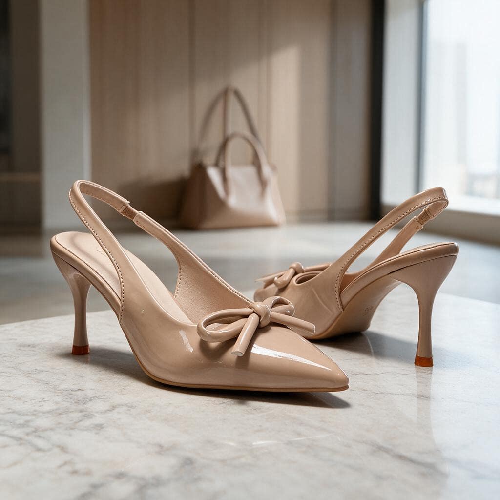 Women's Solid Color Glossy Pointed Toe Bow Decor Slingback High Heels, 8CM Stiletto, Elegant Dress Pumps For Wedding Party Daily Commute - Apricot - View 1