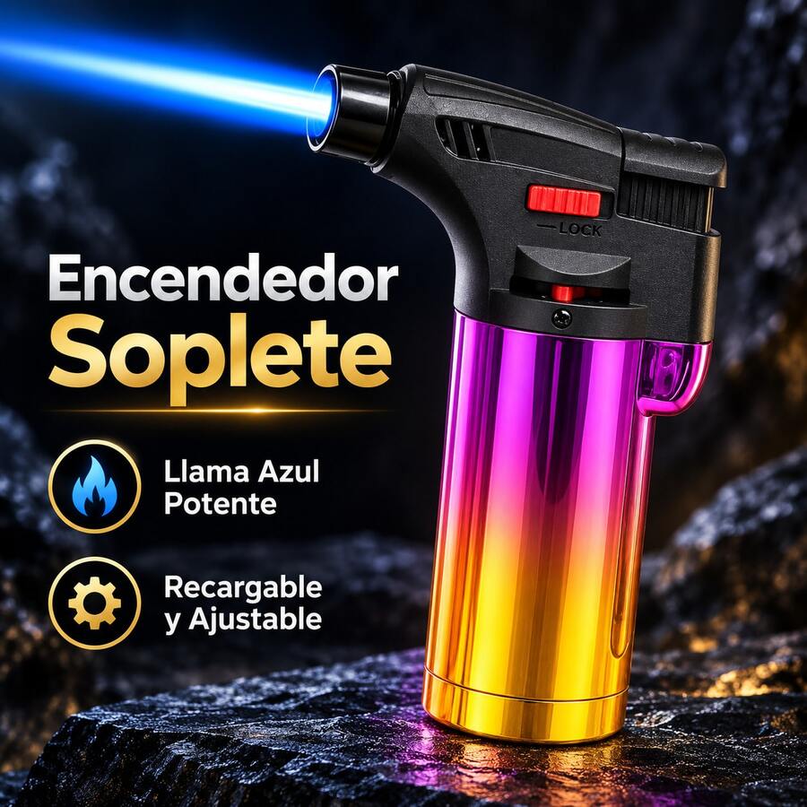 Encendedor Soplete Recargable de Butano con Llama Azul Potente, Bloqueo de Llama y Ajuste de Intensidad, Ideal para BBQ, Velas, Cocina y Camping - Ver 1