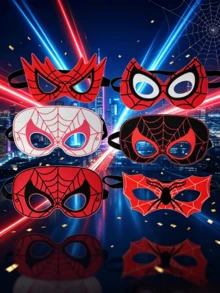 6pcs Cartoon Hero Spider Web Pattern Felt Mask Set, Half Face Mask With Elastic Rope, Birthday Party Gift Dress Up Mask, Theme Party Role Playing Costume Accessories, As A Birthday Gift, Easter, Christmas Holiday Party Gift. - Multicolor - View 2