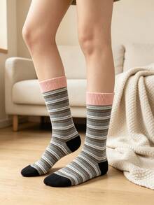 1/4 Pair All-Season Wearable Milk Coffee Striped Colorblock Versatile Comfortable Mid-Calf Socks - Multicolor - View 9