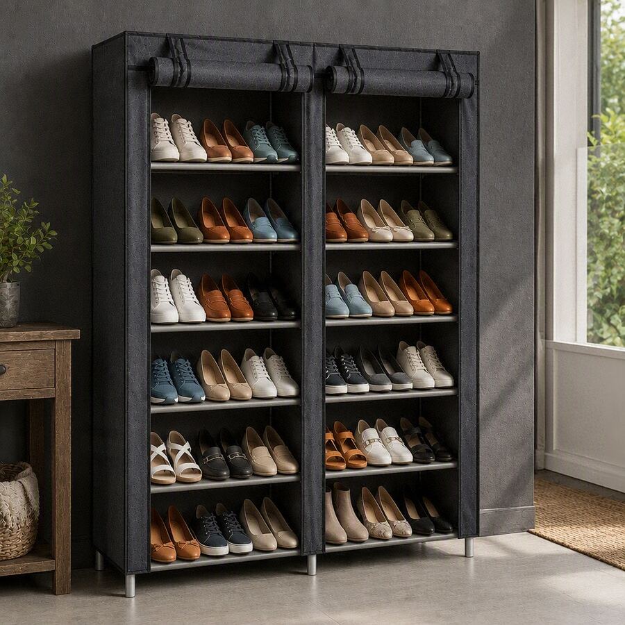 Zapatera Doble Organizador Cubierta de Tela Impermeable, Estante con Estructura de Acero de 6 Niveles, Zapatero Ahorrador de Espacio, Multifuncional de Fácil Armado - Gris - Ver 1