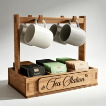 Wooden Tea Bag Storage Rack With Mug Hook, Desktop Multi-Compartment Tea Bag Organizer, Coffee Bar Countertop Shelf, Gift - Camel - View 2