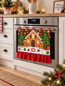 Christmas Gingerbread House Oven Door Curtain, Scalloped Edge Gingerbread Man & Christmas Tree Print Oven Handle Cover With Red Ribbon Tie, Kitchen Holiday Decor - Christmas Gingerbread House - View 1