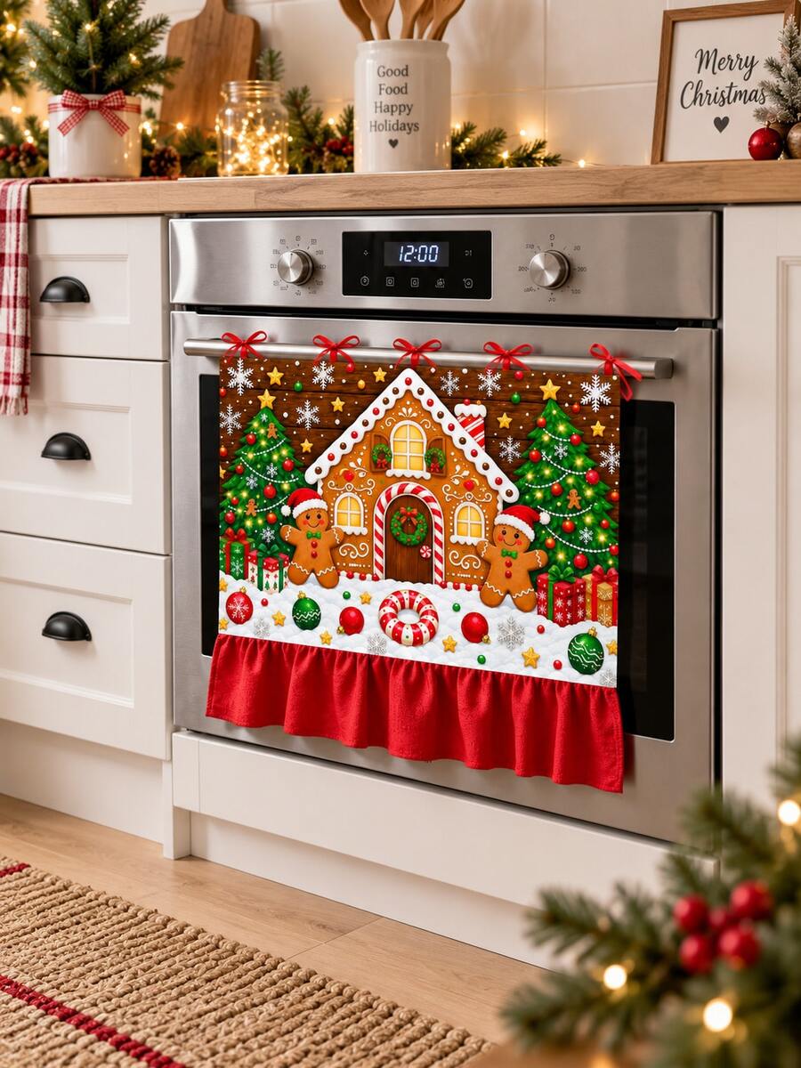 Christmas Gingerbread House Oven Door Curtain, Scalloped Edge Gingerbread Man & Christmas Tree Print Oven Handle Cover With Red Ribbon Tie, Kitchen Holiday Decor - Christmas Gingerbread House - View 1