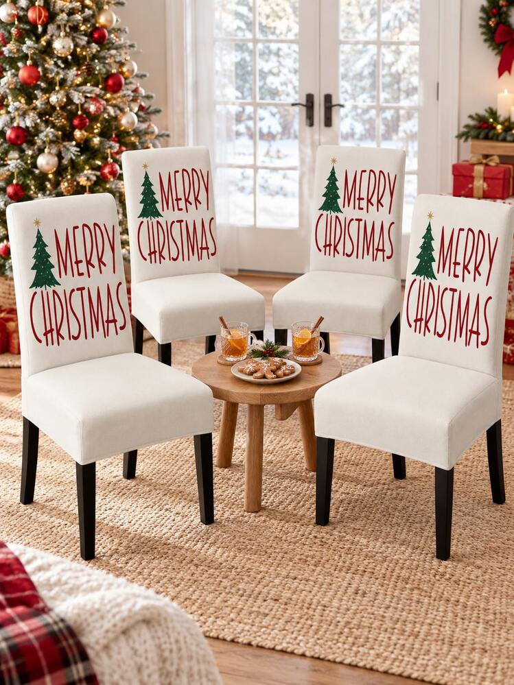 2/4/6pcs Christmas Tree & Merry Christmas Letter Chair Covers, Minimalist Farmhouse Style Cream Base With Red & Green Print, Suitable For Dining Room Decor, Family Gatherings & Christmas Party Decoration - B - View 7