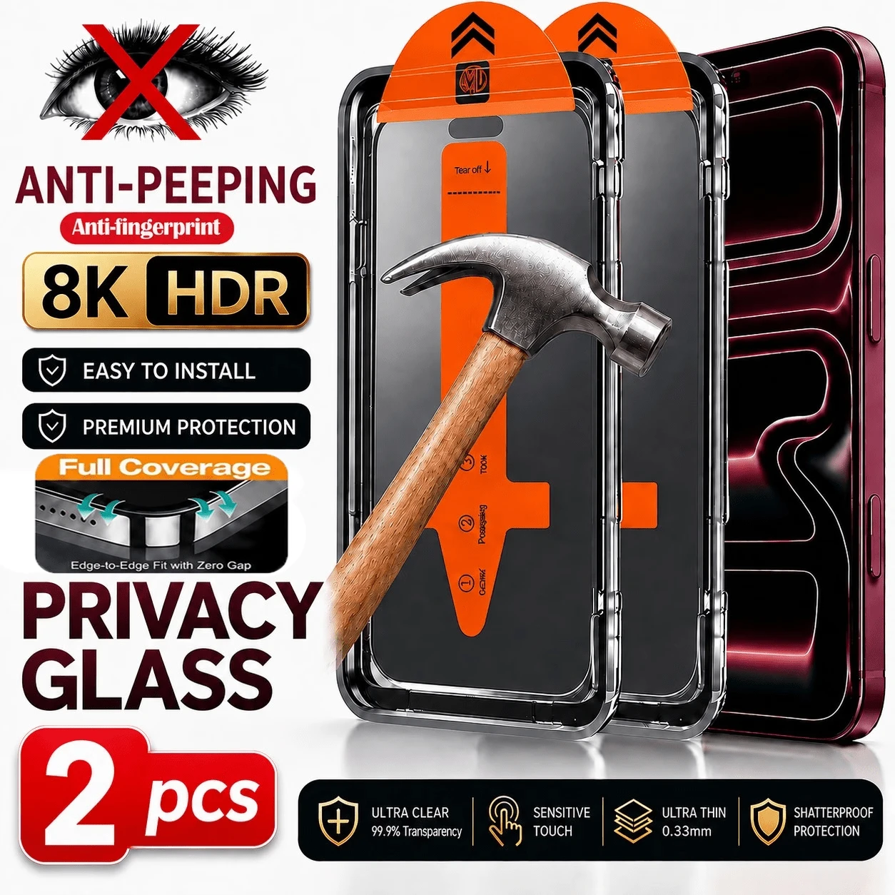 CASECOPS 2Pcs Privacy Tempered Glass Phone Screen Protector, One-Click Dust-Free Installation, Compatible With IPhone 18 Pro Max/18 Pro/17 Pro Max/17/16 Pro Max/16/15 Pro Max/15 Pro/15 Plus/15/14/13/12/11, 9H+ Hardness, Anti-Scratch, Anti-Fingerprint, Privacy Protection, Front HD Display, Side Privacy Protection, Suitable For Daily, Office And Home Use, Compatible Phone Cases - 2Pcs - View 1