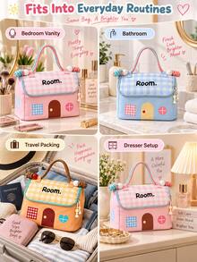 "Dopamine Style" Makeup Bag, Wide Mouth Design, Novel Style, Suitable As A Gift Or Toiletry Bag, House-Shaped Design, Compartmentalized Storage For Toiletries And Cosmetics, Large Capacity, Suitable For Vanity, Bathroom Countertop Or Packing In Luggage - Multicolor - View 7