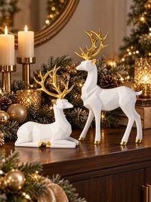 2pcs White Gold Christmas Reindeer Decorations, Geometric Standing & Resting Deer Figurines With Gold Antlers, Modern Tabletop Decor For Mantel Shelf Bookshelf Living Room Entryway And Holiday Home - Multiple Styles - View 4