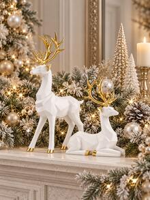 2pcs White Gold Christmas Reindeer Decorations, Geometric Standing & Resting Deer Figurines With Gold Antlers, Modern Tabletop Decor For Mantel Shelf Bookshelf Living Room Entryway And Holiday Home - Multiple Styles - View 3