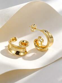 Women's 18K Gold Plated Copper Swirl Earrings, Smooth Glossy Spiral Studs, Statement Accessory For Dating & Office - Gold - View 5