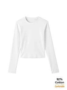 92% Cotton White Long Sleeve T-Shirt Women Versatile Crop Top Sexy Stylish Beautiful Inner Layer Base Layer - White - View 7