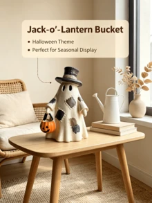 1pc Vintage Patchwork Ghost Resin Ornaments Cute Ghost Figures With Floral Bow And Top Hat Pumpkin Bucket Halloween Rustic Home Table Decor - Patch Ghost - View 4