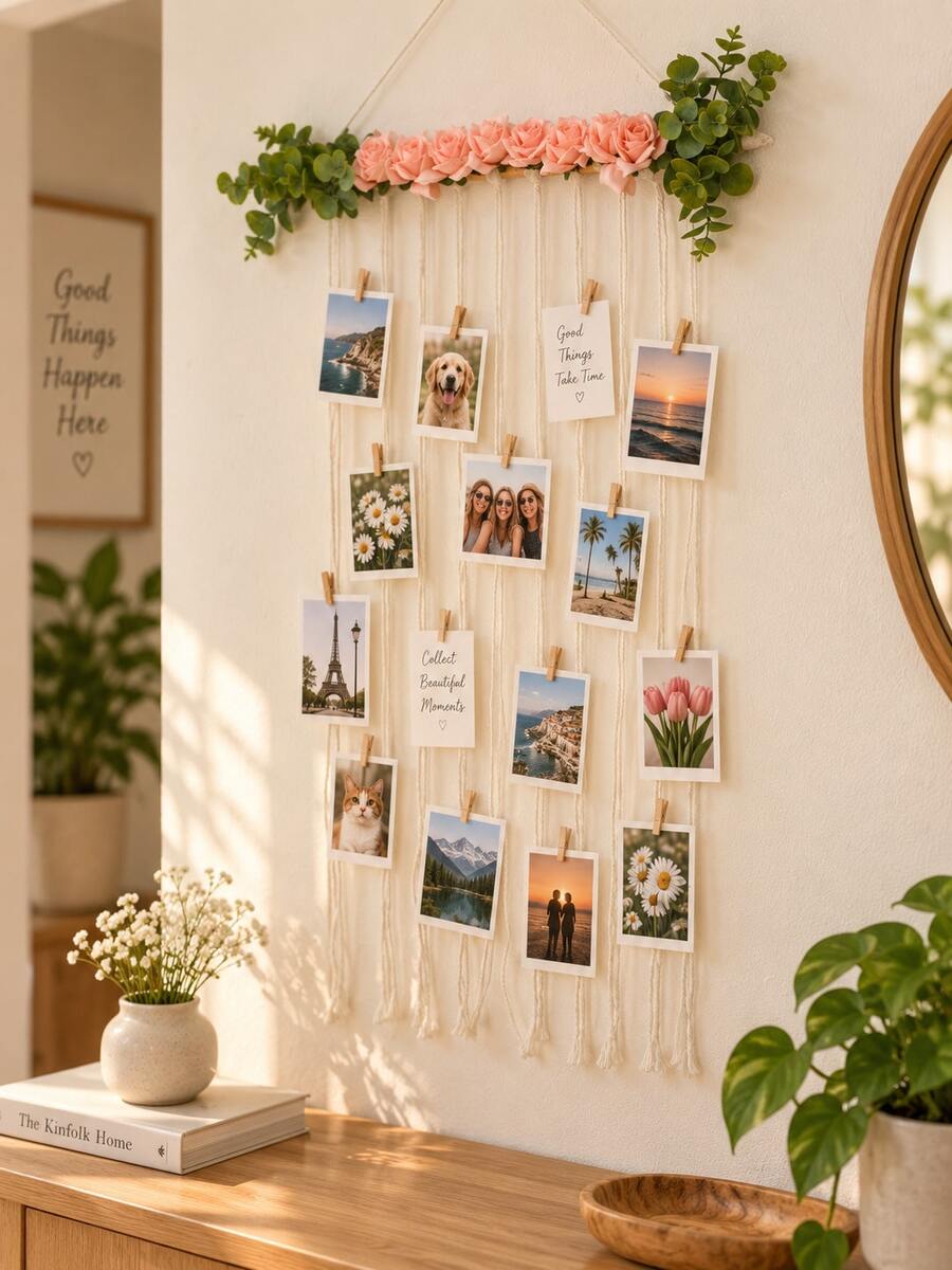 1pc Pink Rose & Green Leaf Photo Wall Hanging Decor, Floral Photo Display Rack, Photo Clip Hanging Display, Creative Photo Wall Decoration, Photo Display Pendant, Photo Storage Display Rack, Clip Photo Wall, Travel Photo Display, Selfie Photo Display, Landscape Photo Display, Memorial Photo Display, Postcard Display, Card Display, Memo Display, Art Image Display