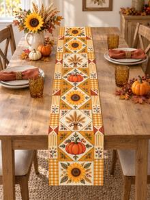 1 Set Autumn Harvest Pumpkin Sunflower Wheat Table Runner & Placemat Set, Orange Plaid Patchwork Farmhouse Dining Table Decor, Rustic Fall Thanksgiving Kitchen Decoration, Harvest Party Home Dining Room Seasonal Tabletop Decor - Multicolor - View 16
