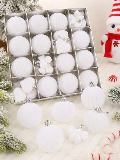 32pcs White Flocked Christmas Ball Ornaments Set, Mixed Flocked Balls Including Round, Striped, Textured, Heart And Bow Designs, Elegant Shatterproof Christmas Tree Hanging Decorations, Suitable For Holiday Parties, Weddings, Winter Home Decor