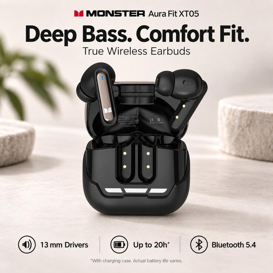 Monster Aura Fit XT05 TWS Bluetooth 5.4 Earbuds, AI Translation Wireless Gaming Earphones With RGB Lights, 13mm Driver Deep Bass Semi-In-Ear Sports Earbuds, App Control Clear Call Microphone Earphones, Compatible With IPhone Android