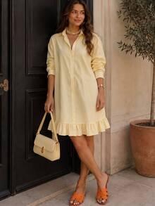 Plus Size Korean Style Fashion Single Breasted Long Sleeve Dress - Yellow - View 5