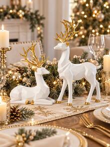 2pcs White Gold Christmas Reindeer Decorations, Geometric Standing & Resting Deer Figurines With Gold Antlers, Modern Tabletop Decor For Mantel Shelf Bookshelf Living Room Entryway And Holiday Home - Multiple Styles - View 7