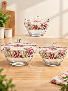 3/6pcs Elastic Bowl Cover Set, Rose Floral Fabric Food Covers, Suitable For Bowls, Containers, Bread Dough, Baking And Kitchen Food Storage - Multicolor - View 3