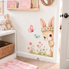 Watercolor Rabbit & Butterfly Wall Stickers, Cute Rabbit & Floral Vinyl Decals, Removable Wall Art Decor For Kids Room, Living Room, Spring Easter Home Classroom Nursery - BM215A - View 2