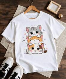 Camiseta de manga corta para niña, estampado de cachorros apilados con corazones, dibujo kawaii de perritos tiernos - Blanco - Ver 1