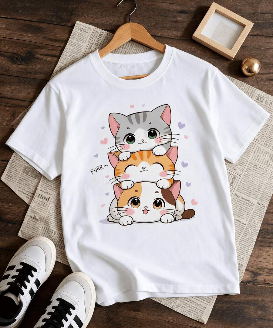 Camiseta de manga corta para niña, estampado de cachorros apilados con corazones, dibujo kawaii de perritos tiernos - Blanco - Ver 1