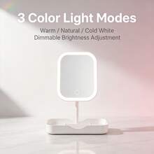 LED Lighted Makeup Mirror With Storage Tray, Touch Control Vanity Mirror, 3 Color Lighting, USB Rechargeable Cosmetic Mirror For Dressing Table - Multicolor - View 5