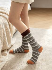 1/4 Pair All-Season Wearable Milk Coffee Striped Colorblock Versatile Comfortable Mid-Calf Socks - Multicolor - View 3