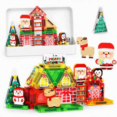 Christmas Magnetic Tiles Building Blocks Set, Portable Mini Magnetic Tiles Travel Magnatiles Set Montessori Toys Educational Construction Sensory Toys For Kids Ages 3-8, Boys Girls