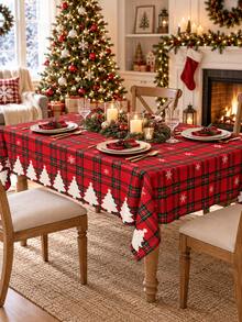 1 buah Taplak Meja Pohon Natal Kotak-kotak Merah, Taplak Meja Bulat/Persegi Gaya Rumah Pertanian Tradisional dari Poliester, Motif Pinggiran Kepingan Salju dan Pohon, Lembut dan Dapat Dicuci, Dekorasi Meja Makan Rumah Musim Dingin untuk Pesta Makan Malam Natal - MultiWarna - View 3