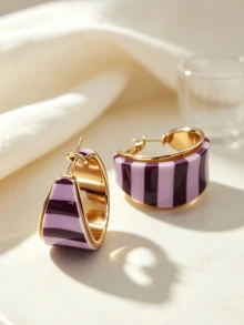1 Pair Vintage Striped Wide Hoop Earrings, Dopamine Color-Block Resin Ear Cuffs, Y2K Style Face-Slimming Earrings, Retro Vibe Personalized, Suitable For Women's Daily Wear - Striped Hoop Earrings - View 9
