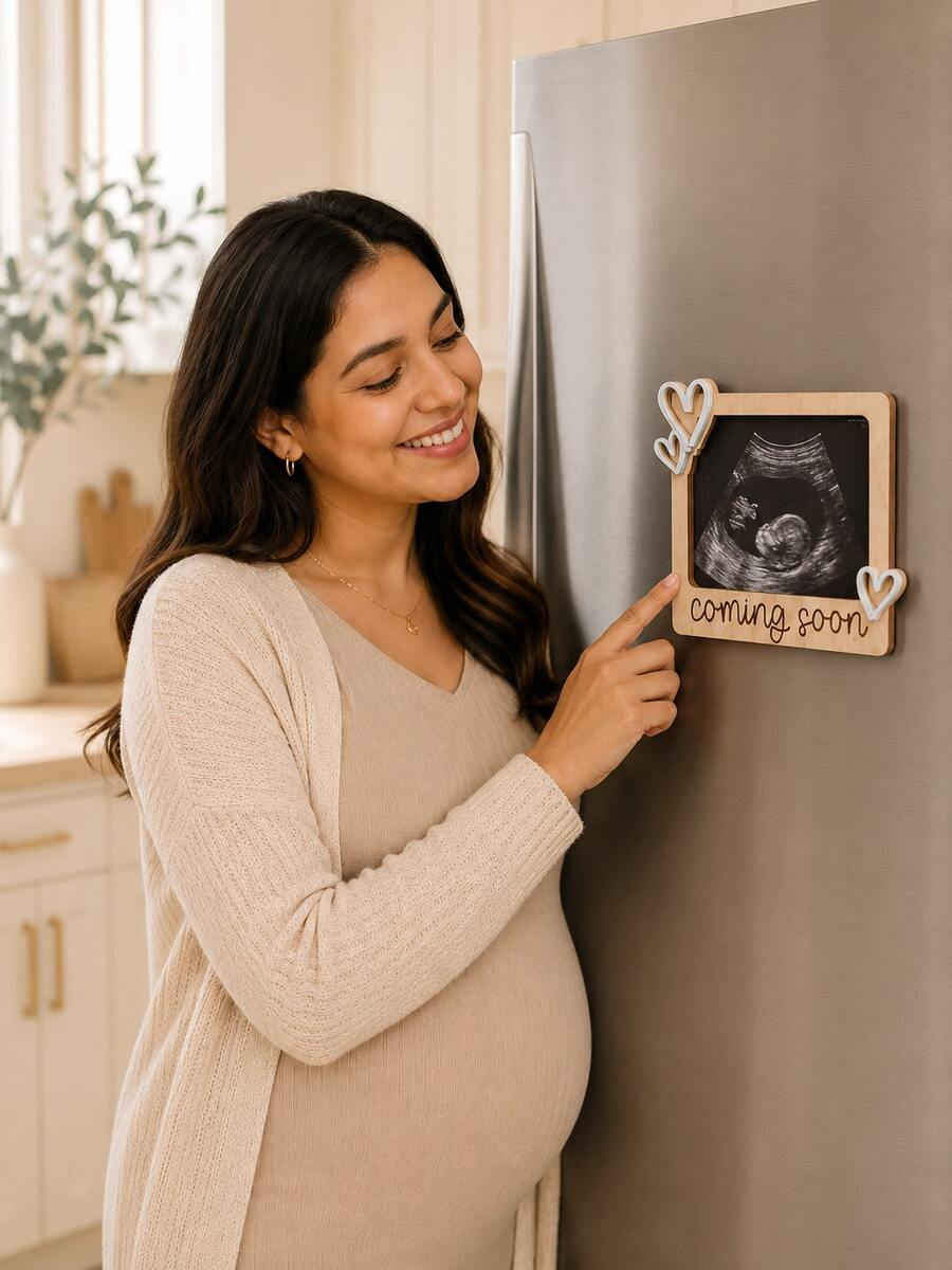 1pc Wooden Baby Ultrasound Photo Fridge Magnet Frame, Multiple Designs, Pregnancy Ultrasound Photo Display Frame, Pregnancy Announcement Commemorative Plaque, Baby Name & Due Date Record Board, Newborn Photo Memorial Frame, Baby Shower Gift, Surprise Announcement Prop For Expecting Parents, Baby Growth Keepsake Gift