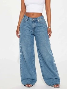 Low Waist Wide Leg Casual Blue Ripped Slanted Pocket Curved Women'S Jeans Fall - Blue - View 8