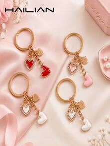 Rhinestone Heart Keychain, Sweet Enamel Heart Bag Charm Pendant, Gold Lobster Clasp Accessory, Fashion Backpack Handbag Decor Gift For Women Girls - Multicolor - View 1