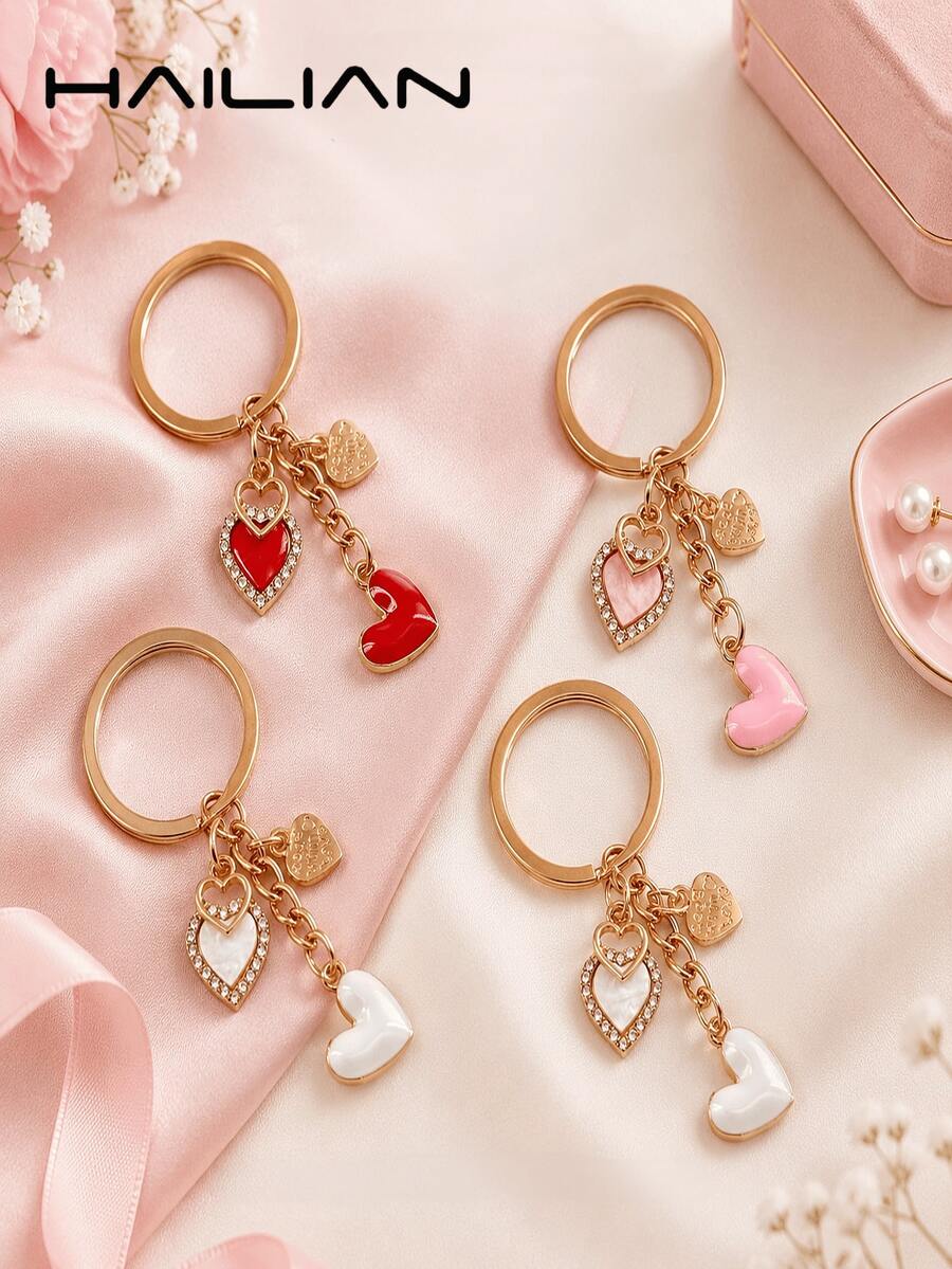 Rhinestone Heart Keychain, Sweet Enamel Heart Bag Charm Pendant, Gold Lobster Clasp Accessory, Fashion Backpack Handbag Decor Gift For Women Girls - Multicolor - View 1