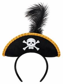 MESHUOKAI Unisex Mini Pirate Tricorne Hat Headband With Skull & Crossbones Pattern And Black Feather, Halloween Carnival Cosplay Party Hair Accessory - Multicolor - View 3