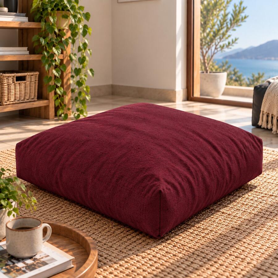 70x70 Cm Tufted Floor Cushion, Made In Turkey, Square Seating Pillow For Indoor & Outdoor Use - Red - View 1