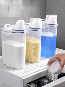 1 Sealed Laundry Detergent Container With Measuring Cup - Multi-Purpose Plastic Jar, Large Capacity Soap Plastic Bucket For Laundry Liquid, For Laundry Detergent Powder Storage And Leak-Proof Dispensing - White - View 2