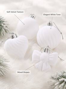 32pcs White Flocked Christmas Ball Ornaments Set, Mixed Flocked Balls Including Round, Striped, Textured, Heart And Bow Designs, Elegant Shatterproof Christmas Tree Hanging Decorations, Suitable For Holiday Parties, Weddings, Winter Home Decor - White - View 2