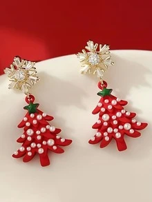 A Pair Of Christmas And New Year's Stylish Party Snowflake Festive Christmas Tree Earrings - Red - View 1