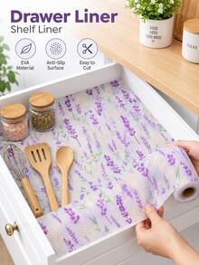 1 Roll Lavender Print Drawer Shelf Liner For Kitchen Cabinets Non-Adhesive Drawer Liners Refrigerator Liner Non Slip Cabinet Liners For Shelves Eva Liner For Bathroom Kitchen,Kitchen Cupboard Dresser Closet Home Storage Decor - View 2