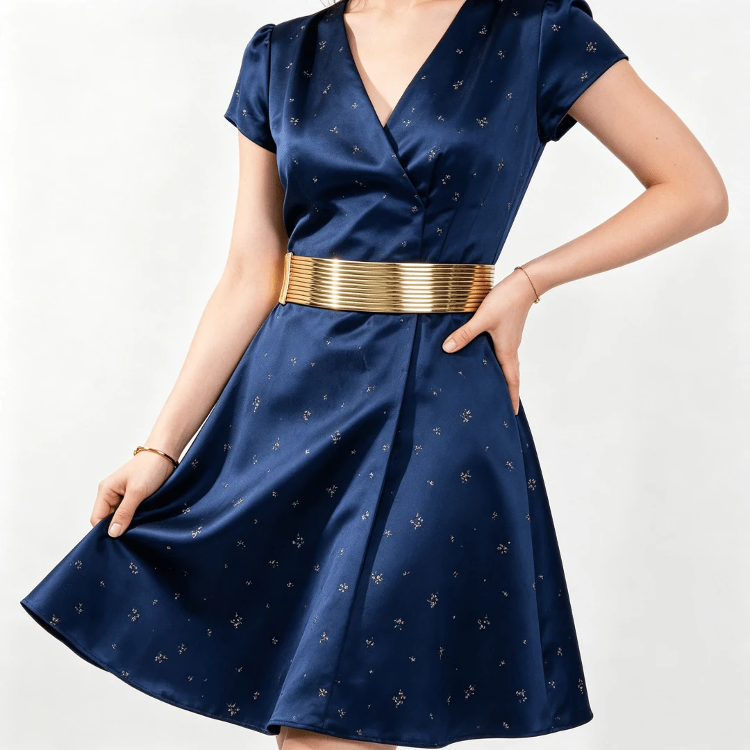 1pc Gold PVC Elastic Women's Wide Waist Belt, Adjustable, 87cm Length, Suitable For Evening Dress - Gold - View 1