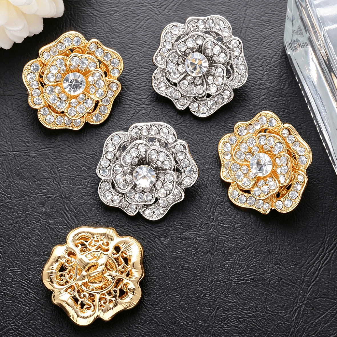 2PCS/Pack 27mm Camellia Rhinestone Buttons, Gold Silver Champagne Three Colors, Heavy Decoration Buttons For Coats, Trench Coats And Jackets