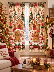 2pcs Christmas Curtains, Gingerbread House Candy Cane Cookie Mint Bow Print Rod Pocket Curtains, Suitable For Living Room Bedroom Kitchen, Sweet Holiday Home Decor, Room Decoration, Christmas Home Decor - Multicolor - View 11