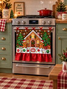 Christmas Gingerbread House Oven Door Curtain, Scalloped Edge Gingerbread Man & Christmas Tree Print Oven Handle Cover With Red Ribbon Tie, Kitchen Holiday Decor - Christmas Gingerbread House - View 10